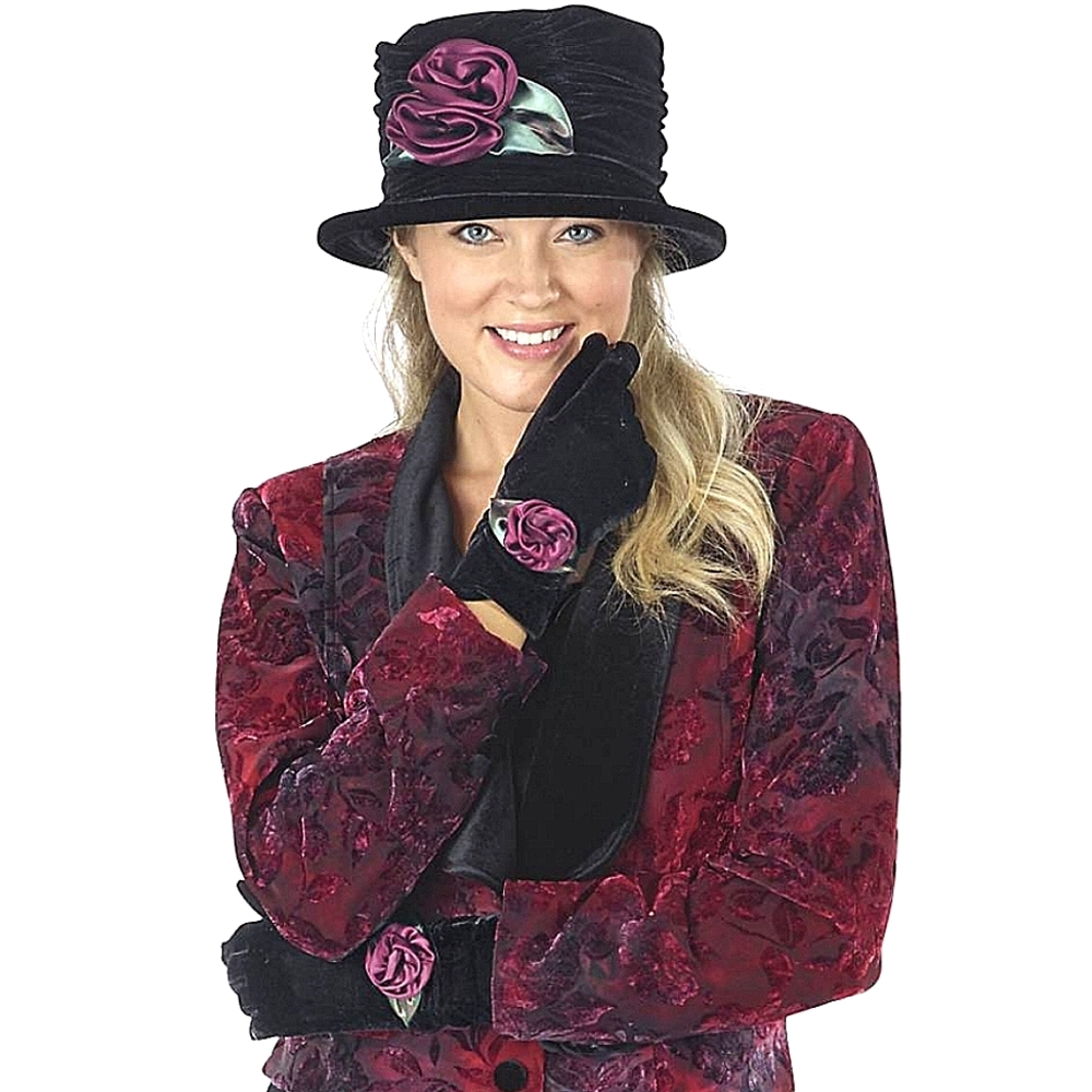 NWT SET of Black Velvet Cloche With Burgundy Rosette